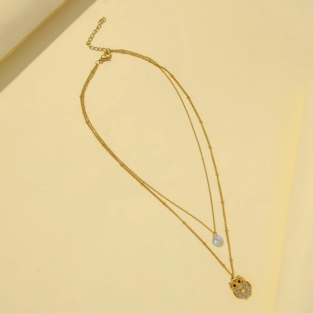 New style stainless steel gold-plated double necklace owl zircon pendant fashion titanium steel clavicle chain accessories