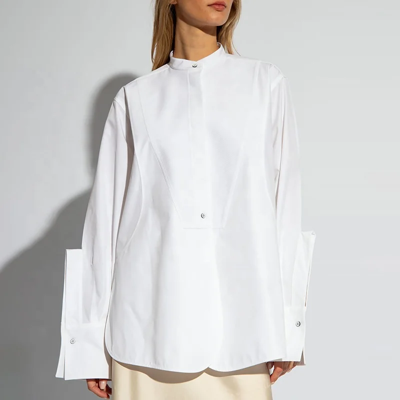 OUDINA Fashion Casual Elegant Formal Blouses And Tops For Women Pleated White Long Sleeve Shirt