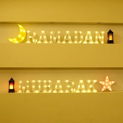 Pafu muslim home party table decoration ramadan mubarak led letter sign star moon lights white eid light up letters