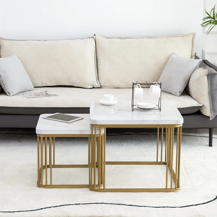 Most Popular Rose Gold Metal Square Nested Wooden Top Coffee Table 2 Set