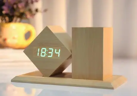 Amazon Promotion Gifts Office Desk Table Organizer alarm Clock Wooden Pen Stand with Digital Touch LED Clock Wood Pen Holder