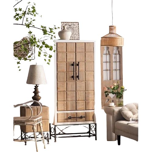 Nordic Farmhouse Style Retro Living Room Cabinet Solid Wood Antique Furniture With 2 Carving Door