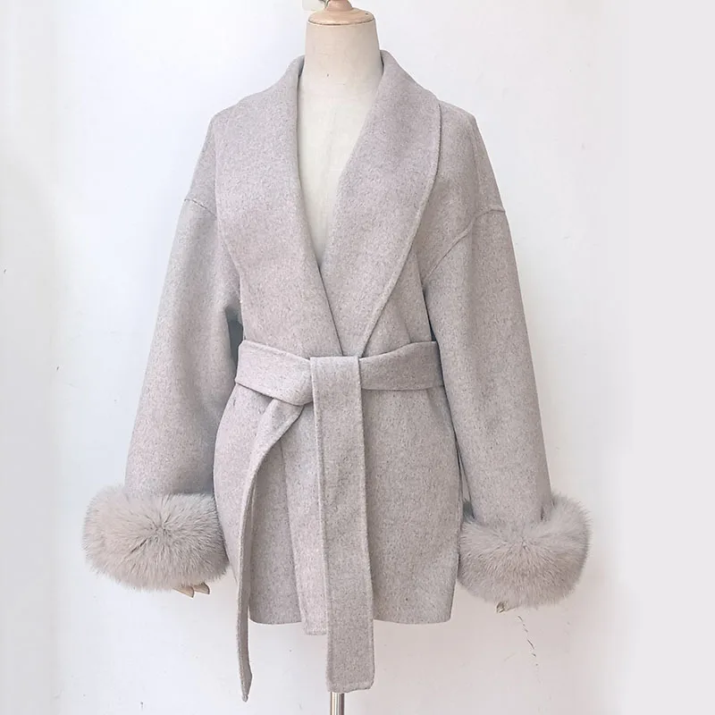 Plus Size Women Oversized Wool Coat With Real Fox Fur Cuff Long Sleeve Loose Wool blended Jacket With Belt Female Outwear