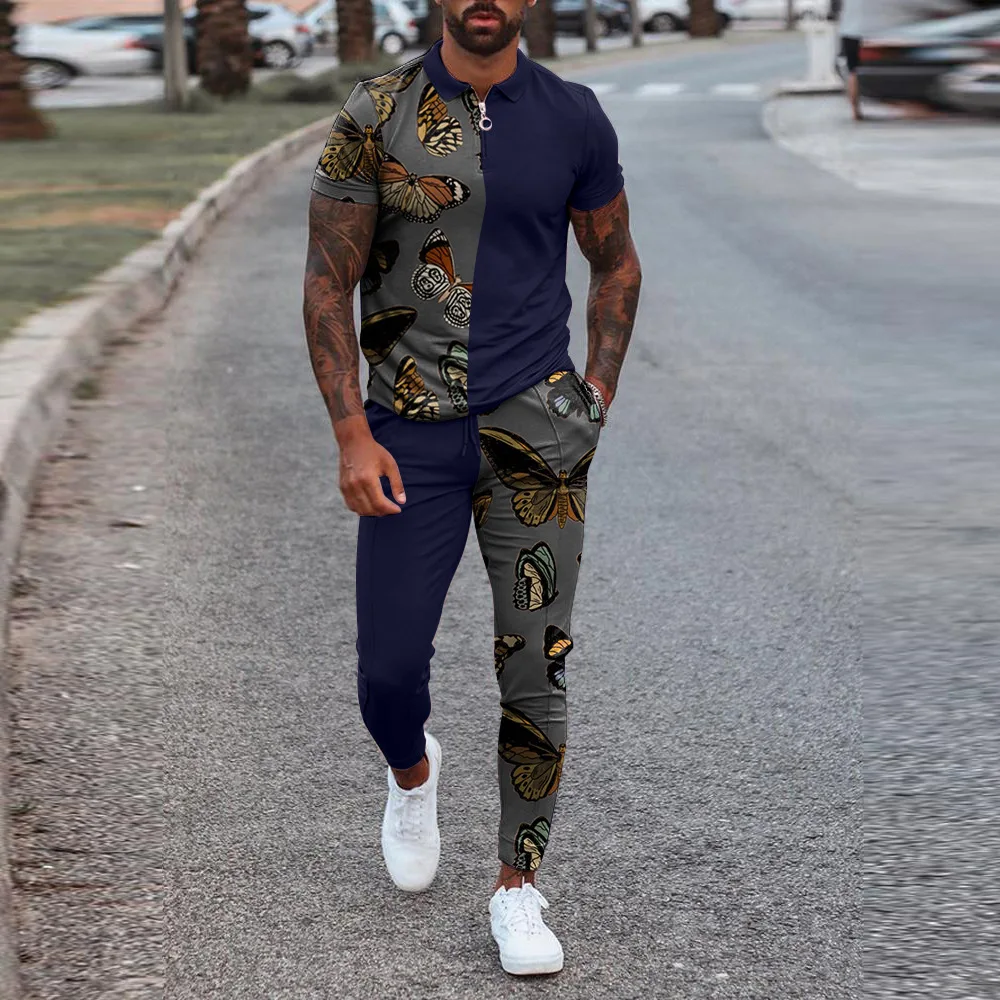 Male Clothing Sportswear Set Fitness Summer Print short sleeve Zip Polo Shirt Trousers Mens Casual Suit men sets clothing 2023