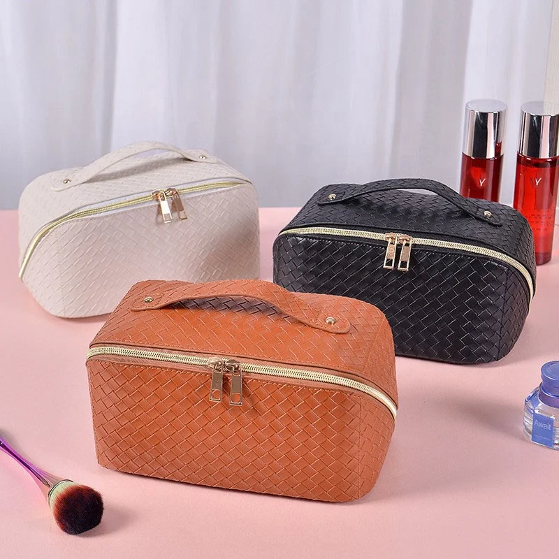 Large Capacity Waterproof Cosmetic Bag PU Leather Travel Cosmetic Bag Makeup Bag with Handle for Women