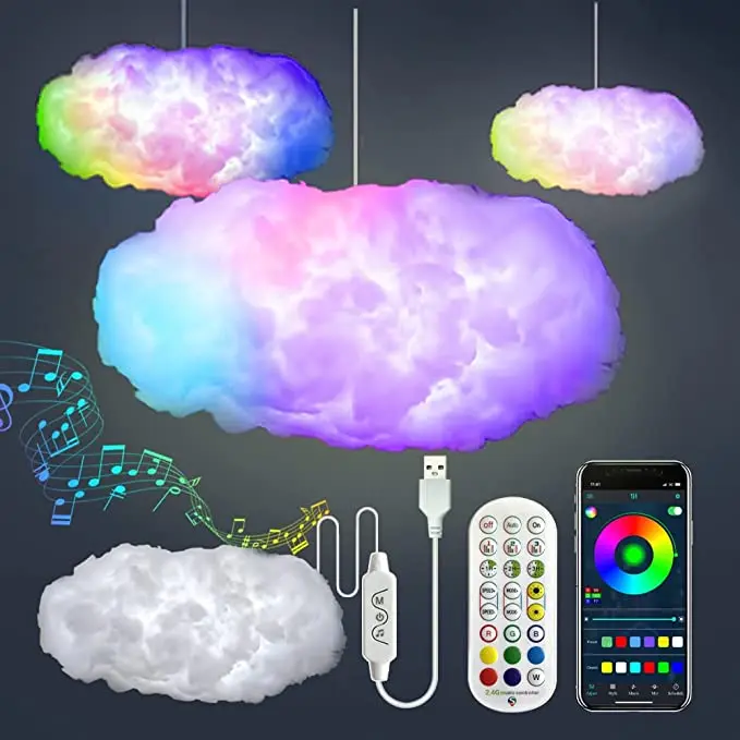 360 Degree Wireless Remote APP 3D Big Cloud lightning Light Kit Music Sync Warm White Multicolor lightning Changing Strip Lights