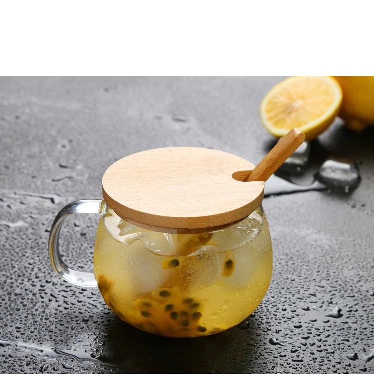 heat resistant high borosilicate glass cup clear tea mug with wood lid and spoon