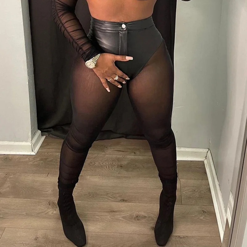 High Quality Summer Sexy Club Wear Mesh Short Sleeve Black Tank Tops PU Trousers Leather Pants Women Two Piece Set