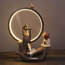 Ceramic Buddha Bergamot Backflow Incense Burner with LED Lamp Circle Sandalwood Holder Home Indoor Aroma Ornaments