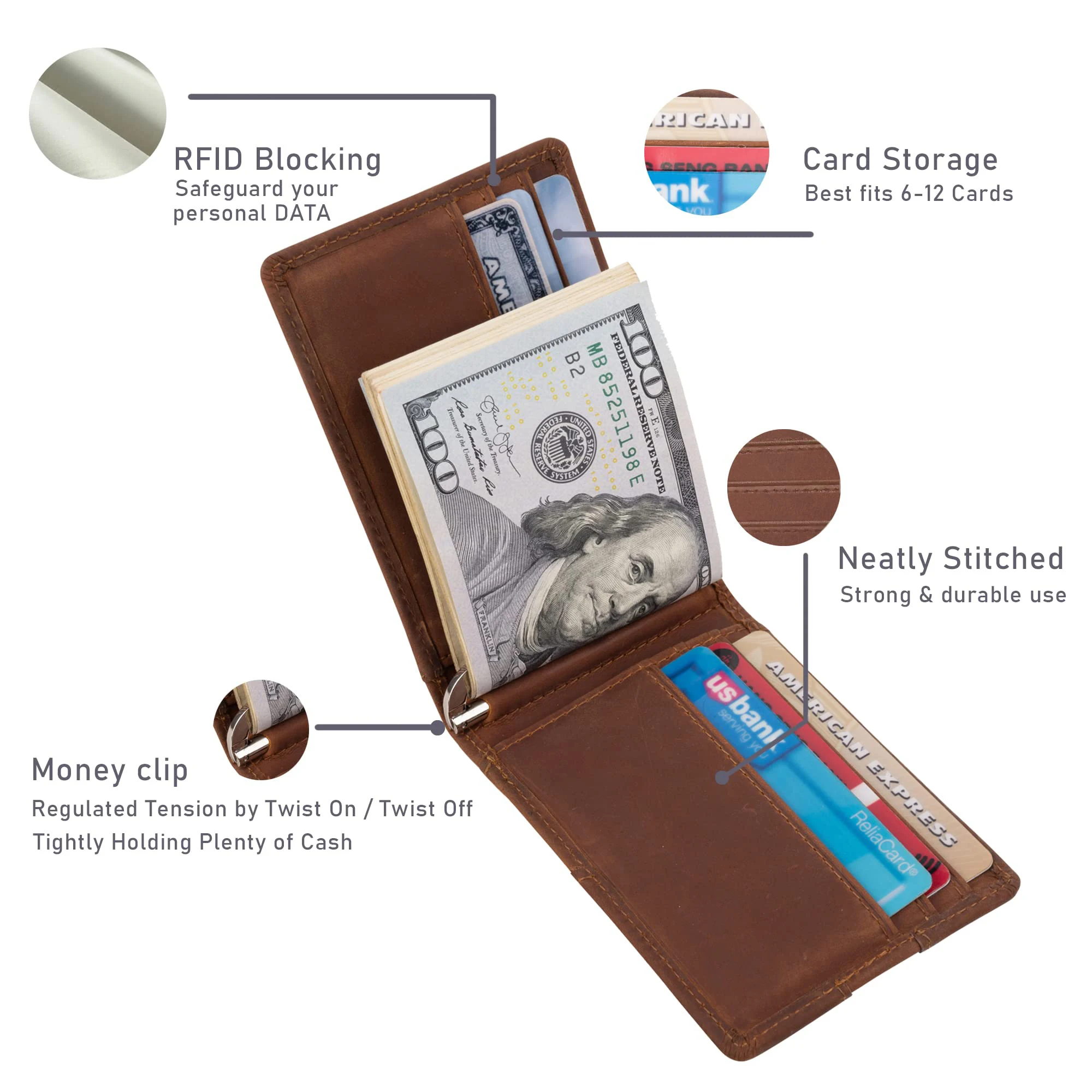 Custom Slim Mans Bifold Money Clip Wallet RFID Blocking Business Front Pocket ID Window Genuine Leather Credit Card Holder