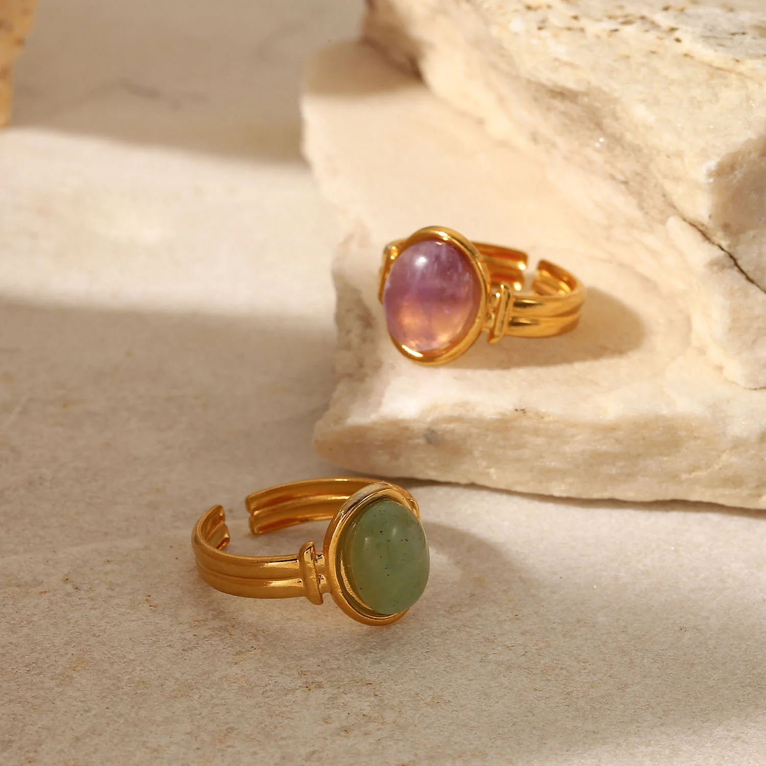 18K Gold Plated Stainless Steel Round Natural Green  Stone Adjustable Rings For Women