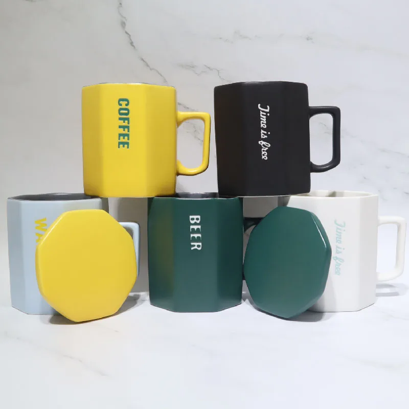 2020 Simple Ceramic Cup Nordic Style Diamond Mug Creative Octagonal Coffee Cup With Lid Spoon Gift Cup Wholesale