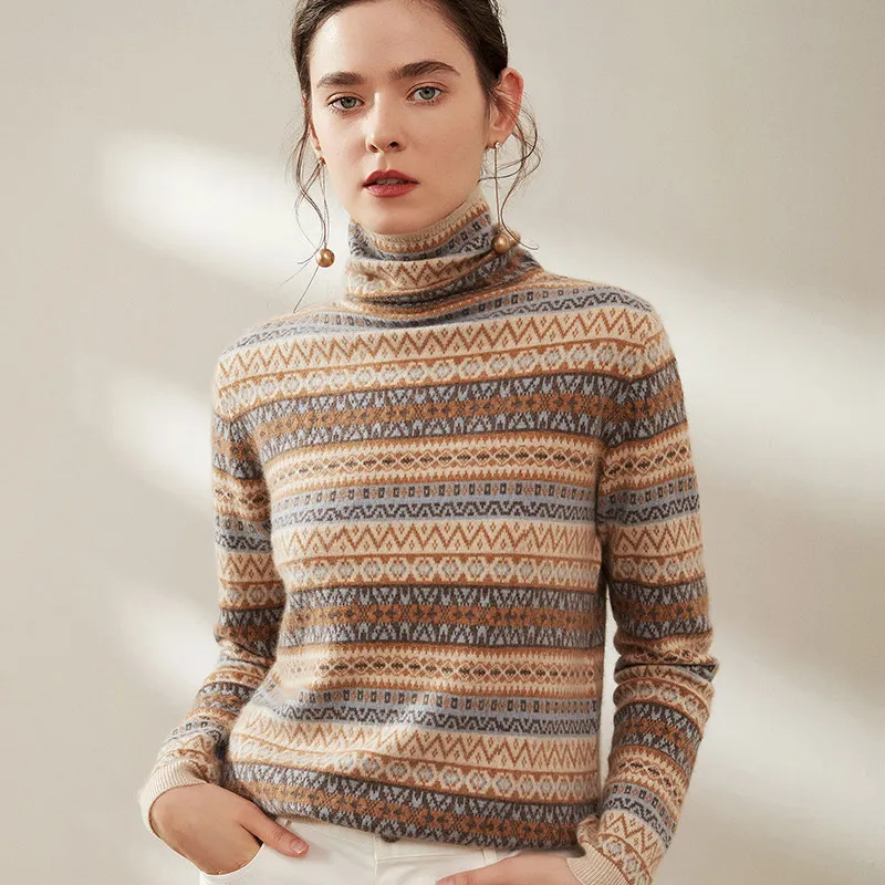 
OEM ODM Winter Women Knit Turtleneck 35% Cashmere 65% Merino Wool Ugly Christmas Sweaters 