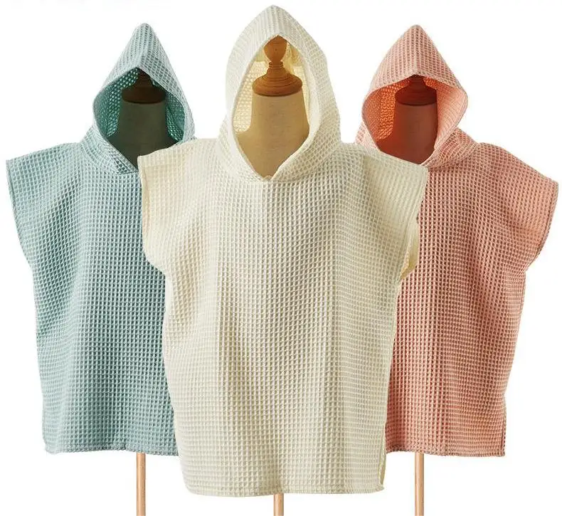 100% Cotton Kids Beach Towel Solid Color Recycled Waffle Hooded Bath Towel Pocket Soft Swimming Ponchos Children