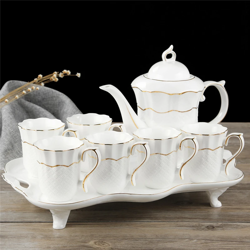 Factory Export Ceramic Gold Rim Kettle Water Set 1 Pot 6 Cups Porcelain Tea Set Water Pot Set