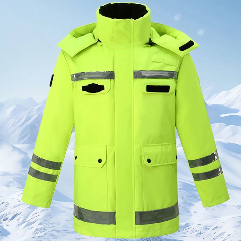 Zennison Fluorescent Cycling Waterproof Thickened Cotton Jacket Adult Jacket Yellow Reflective Raincoat Down Jacket