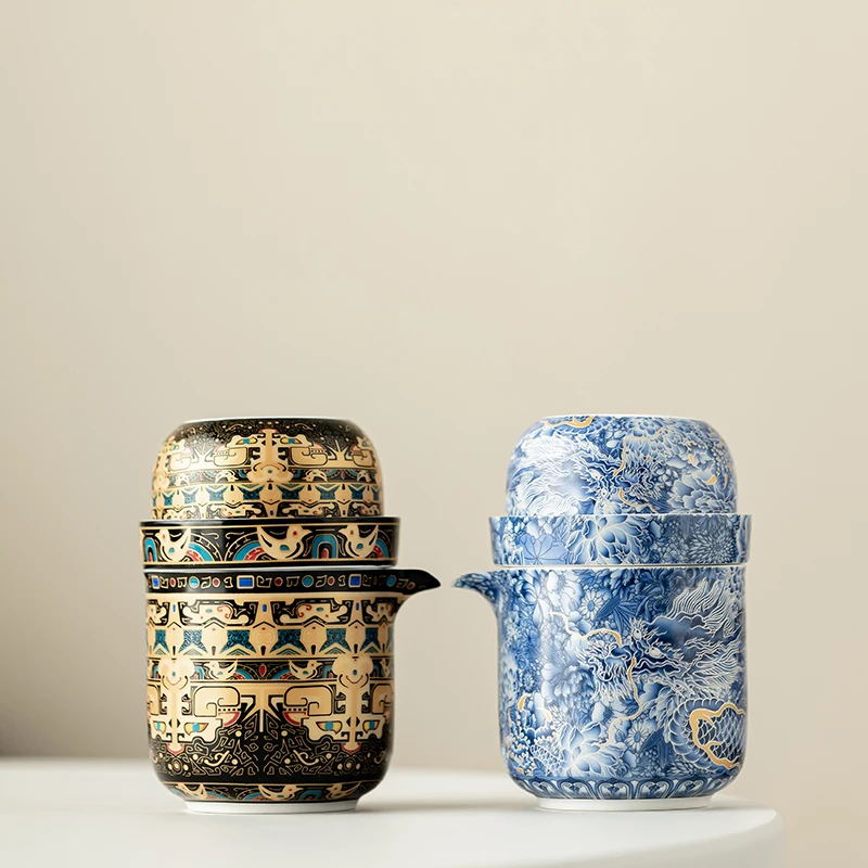 Retro Ceramic Thangka Travel Tea Set Portable Quick Cup Filter with Pot and Four Cups for Car Outdoors