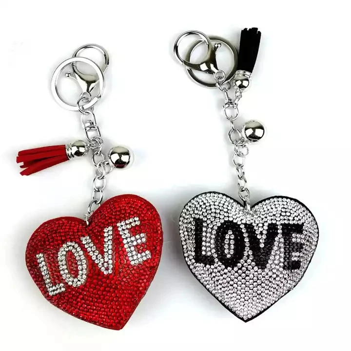Korean Crystal Rhinestone  Keychains LOVE Heart Shaped Leather Tassels  Keychain Handbag Key Ring