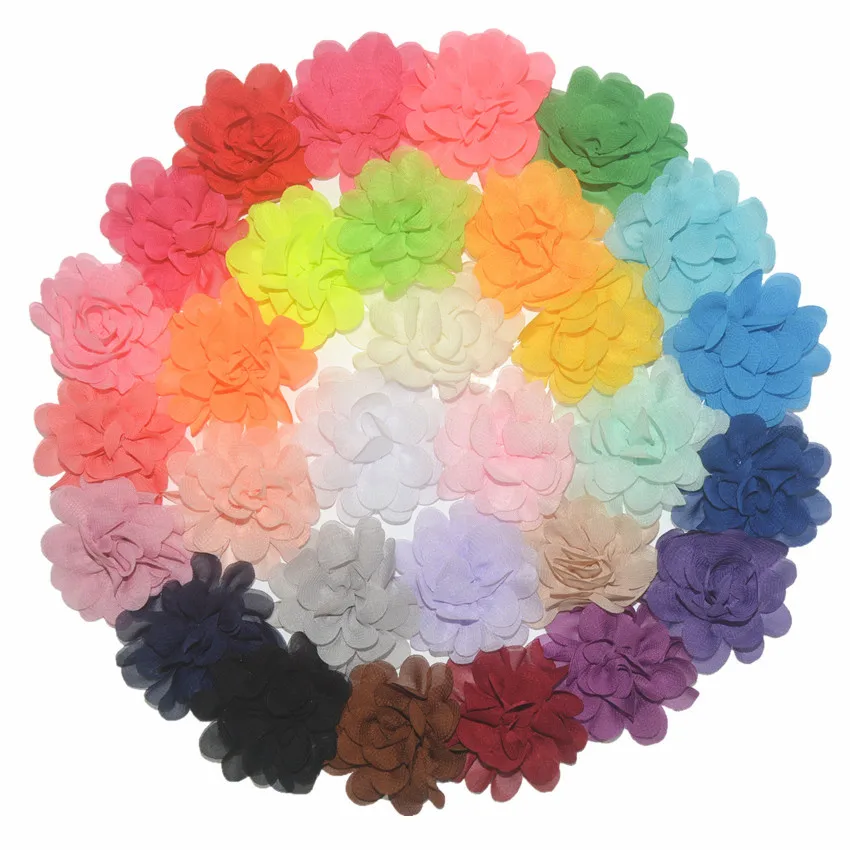 Цветок для волос для девочек, повязки на голову, 2 дюйма, тканевые шифоновые цветы без зажимов, аксессуары для волос для девочек, 30 цветов на выбор