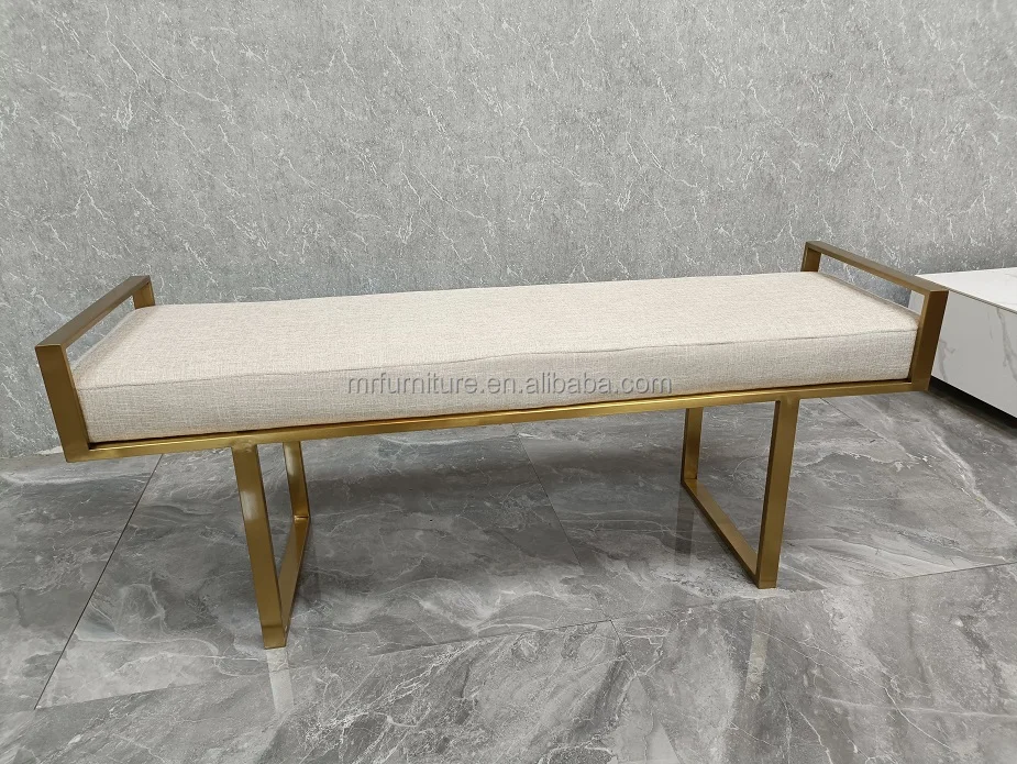 New Design Luxury Living Room Furniture Long Bench Gold Stainless Steel Bed End Ottoman for Home Hotel