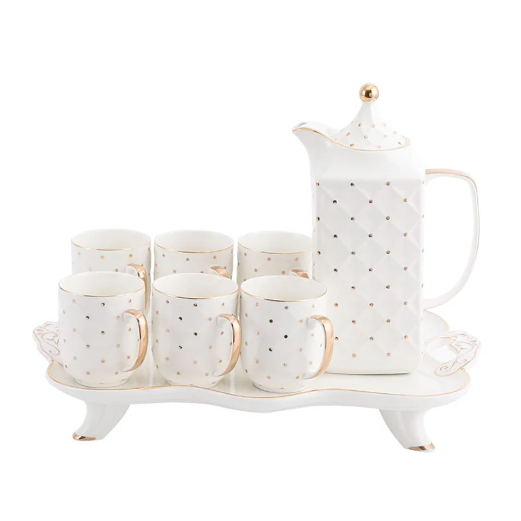High Quality Luxury Porcelain Water Jug Set White Ceramic Coffee Tea Pot Teapot and Tea Cup Set with Tray