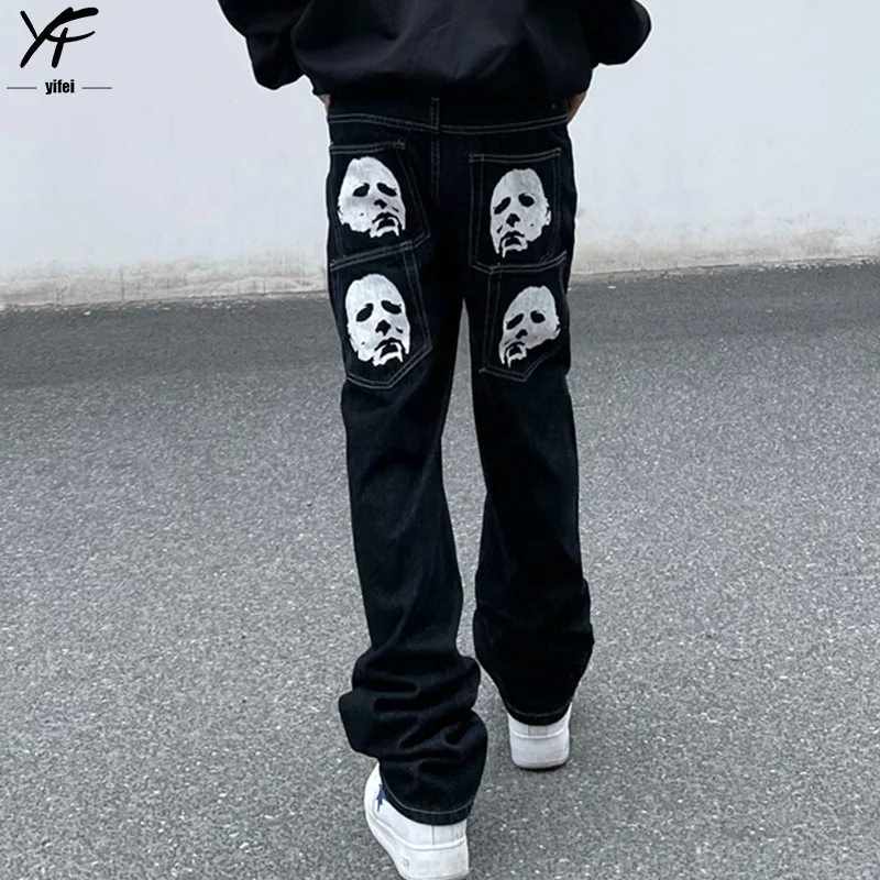 Custom stacked jeans black loose fit Y2K baggy jeans vintage punk hip hop wide leg pants for men