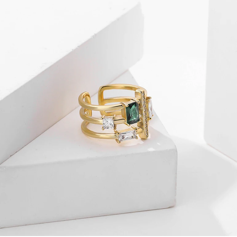 VIANRLA three layer baguette cubic zirconia ring 925 sterling silver green cubic zircon open ring