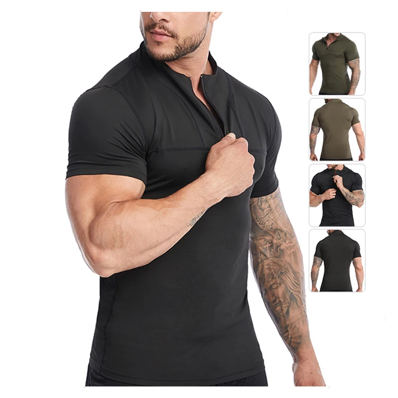 Mens Workout Dry Tech Clothes 1/4 Zip Up Running T Shirts Outdoor Pullover Fitness Shirt