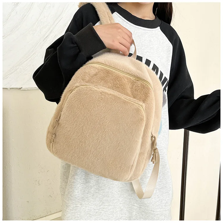 Autumn and winter school bag female plush backpack Korean version high school students solid color simple leisure backpack