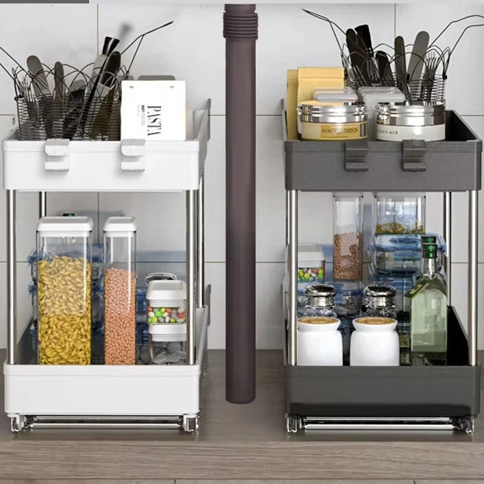 Pull-out storage rack with hooks 2 layers under sink storage racks Table-top pull-out organizer Each layer can withstand 20kg