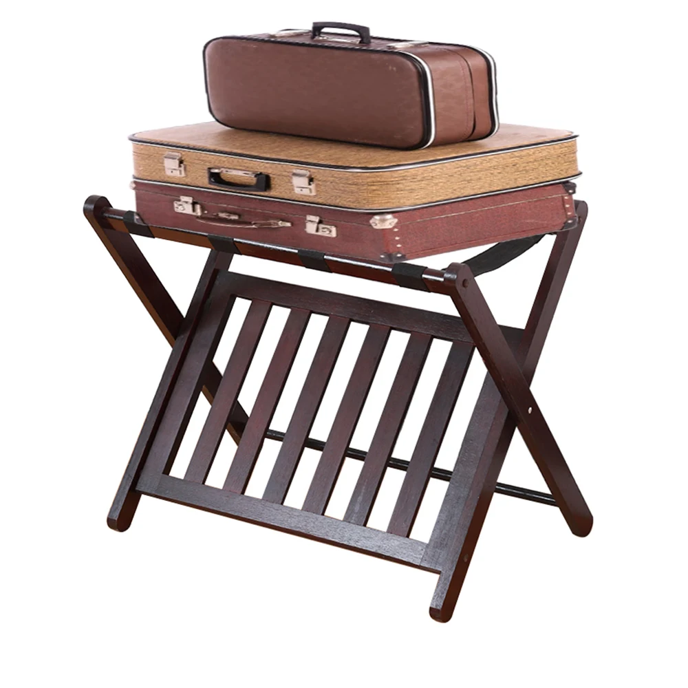 Solid Wood Folding Luggage Rack with Shelf for Hotel Living Room Modern