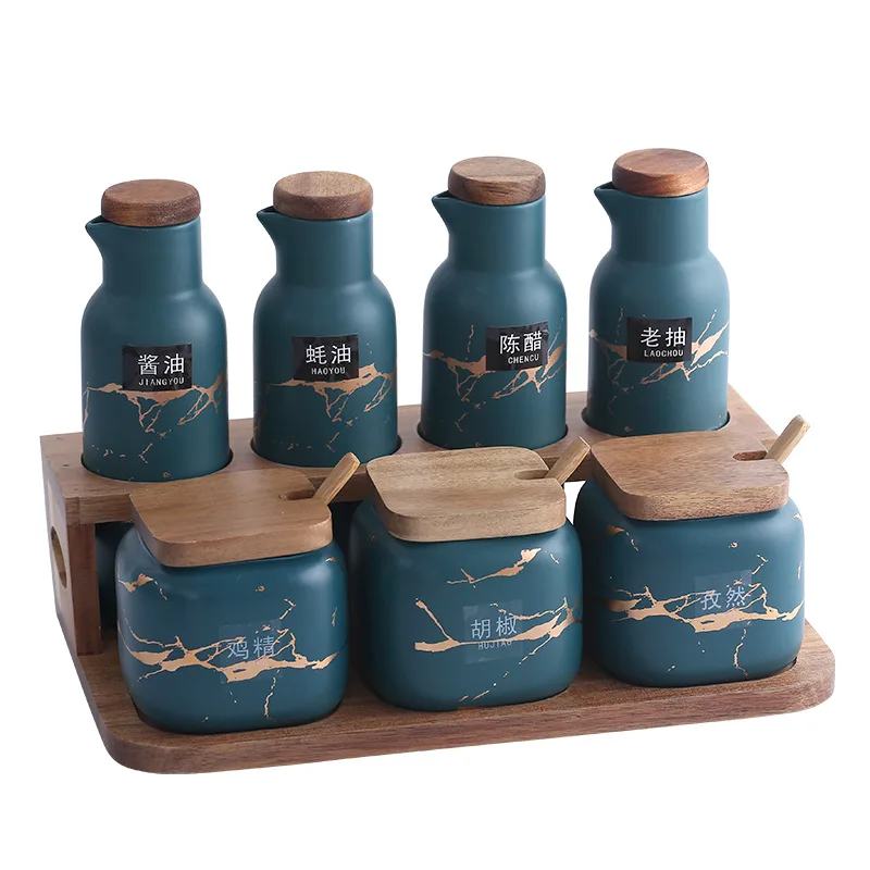 luxury ceramic olive oil seasoning pot sets soy sauce bottle kitchen canister spice jars wholesale with labels stand bamboo lid