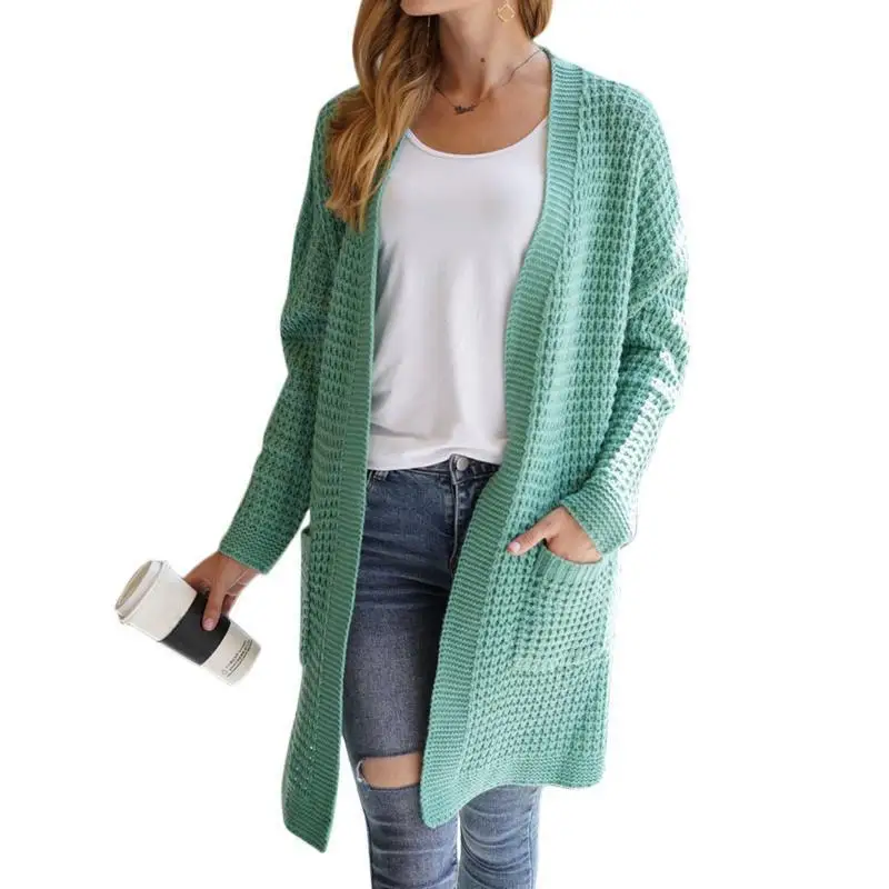
2020 Autumn and Winter new mid-length solid color hollow knit cardigan women 