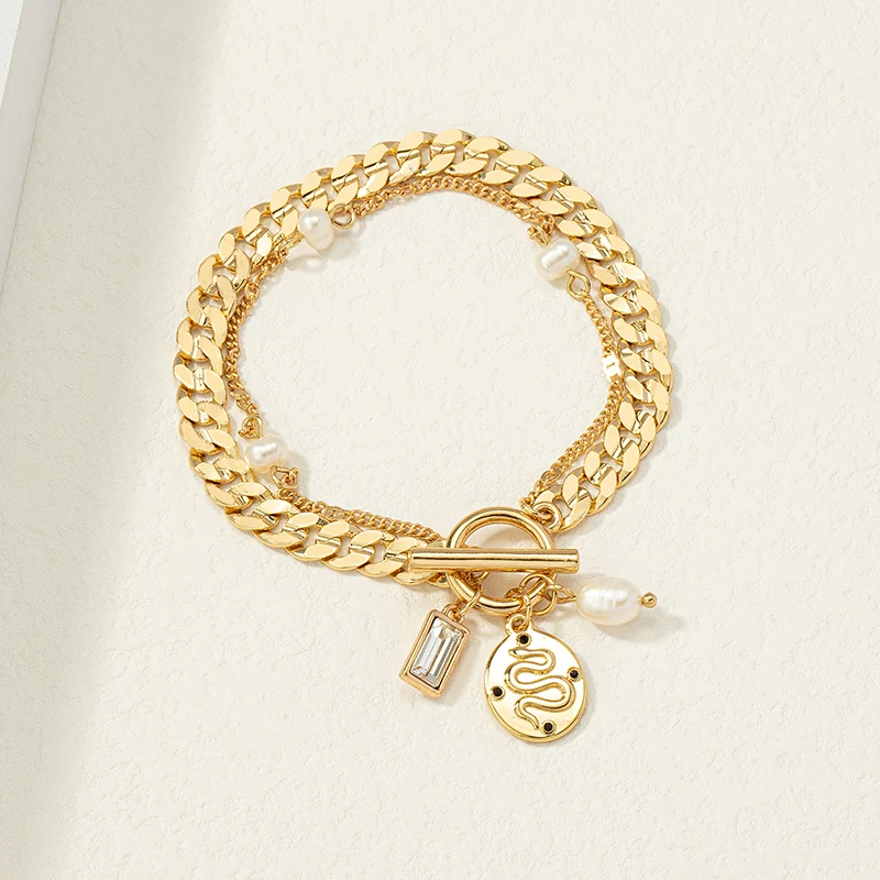 2022 New Arrival Cuban Chain Snake Pendant Baroque Pearl Chain Gold Plated Jewelry Bracelet