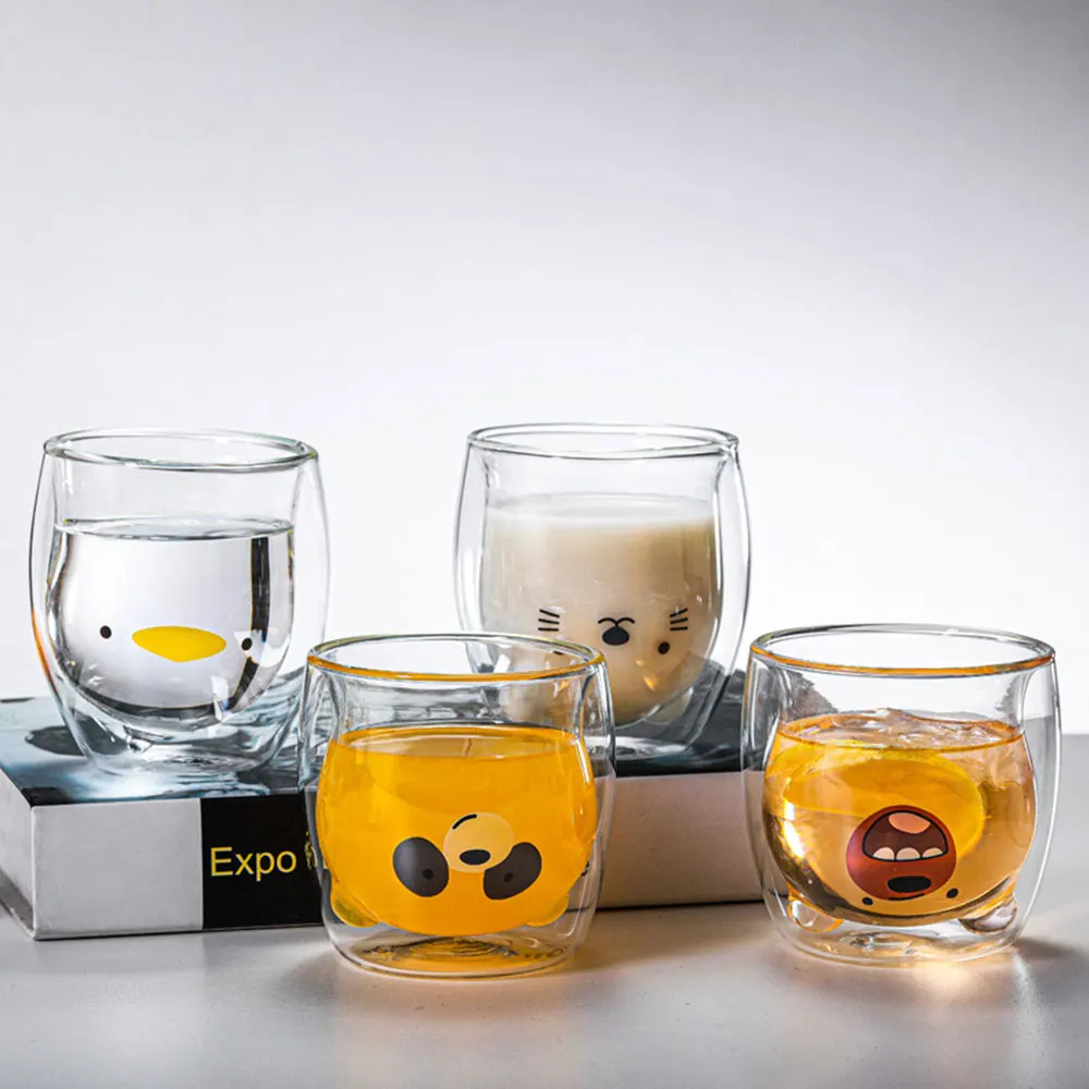 Bear Glass Cups Child Lover Gift Cute Bear Shaped Double Wall Glass Juice Cups For Coffee