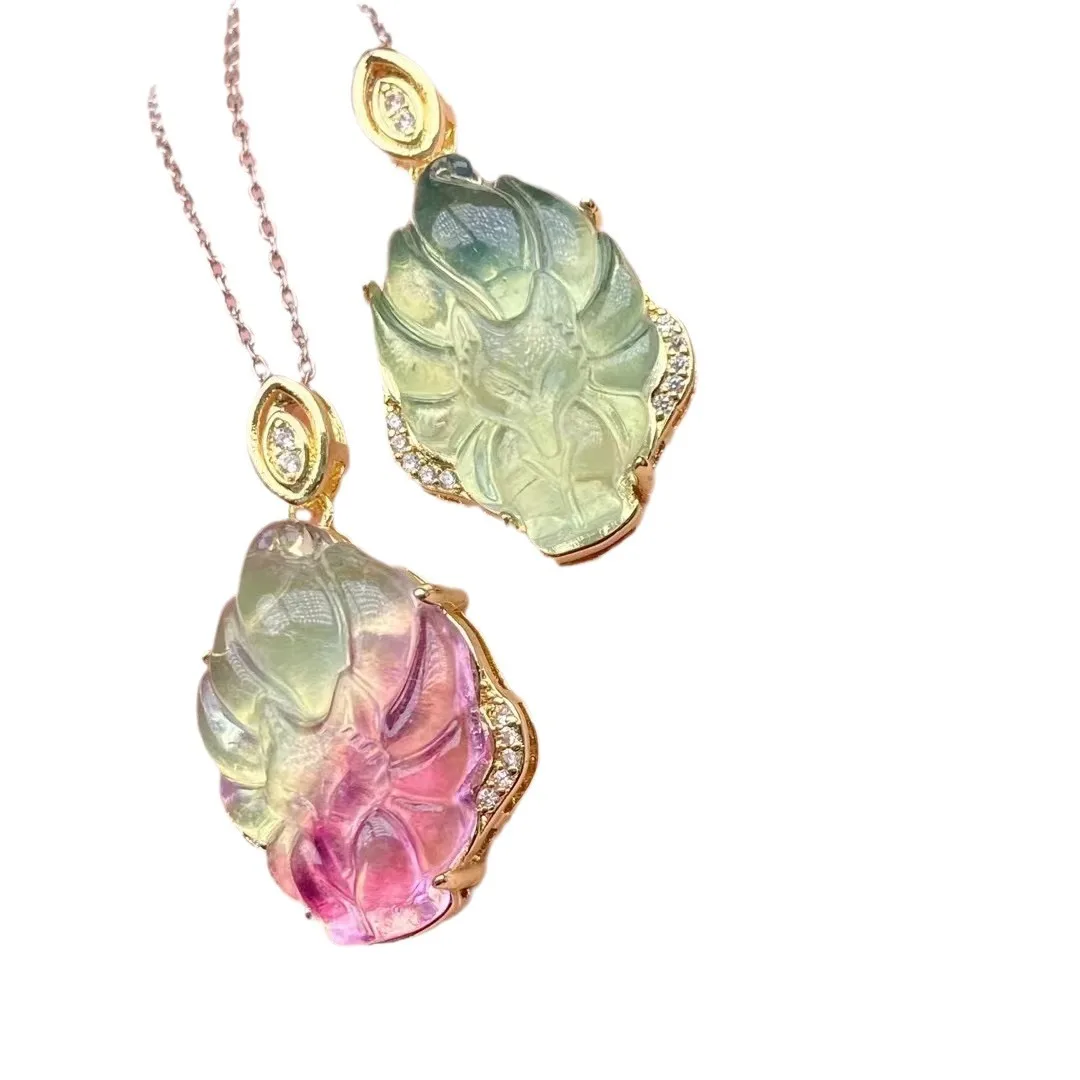 Healing Natural Rainbow Fluorite Nine-tailed Fox Pendant Stone Carving Animal Necklace Pendant Protection Amulet Lucky Charm