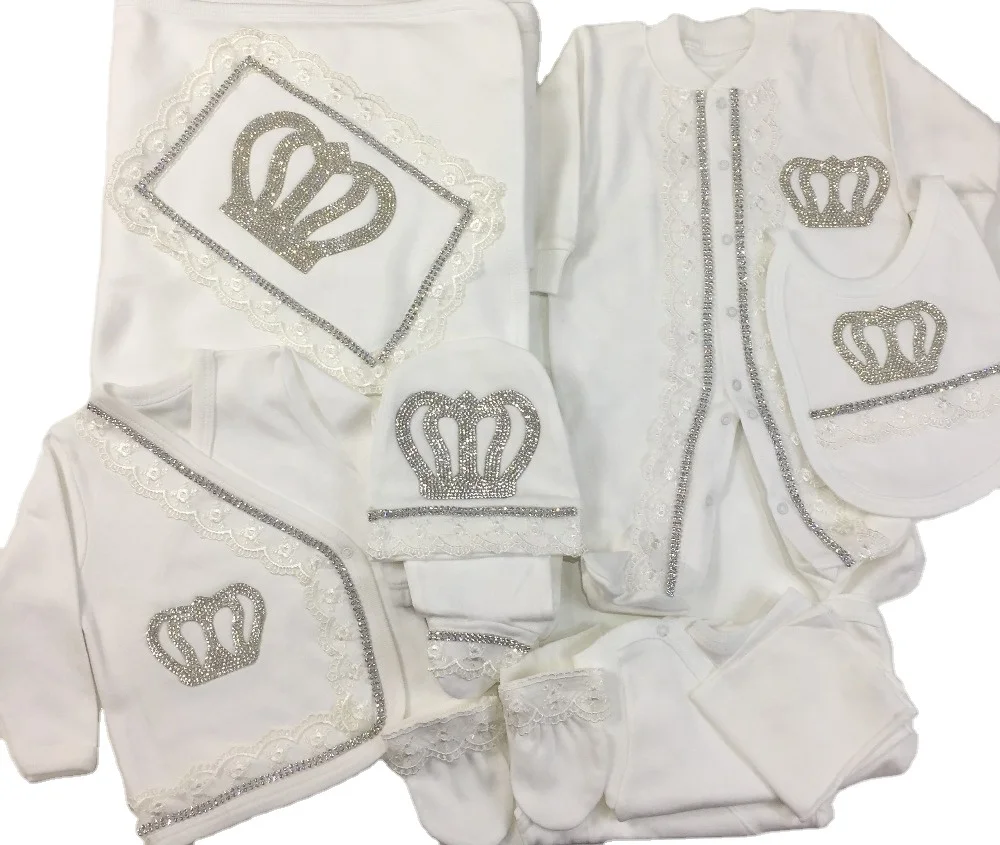 High Quality Modern Wholesale Custom 100% Cotton Long Sleeve Bamboo Bubble New Born Baby Gift 10 pieces Set White Crowned