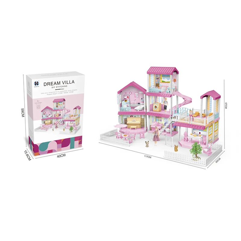 Cartoon Pink Princess Luxury Pretend Play Game Diy Assembled Girl Dream Villa Doll House With Furniture Accessories And 3 Dolls