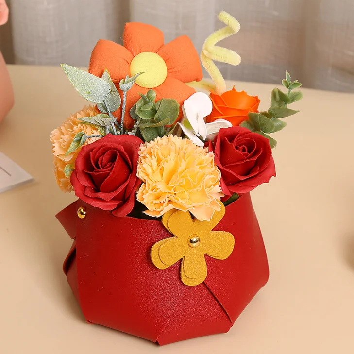 PU Leather Flower Holder Customizable Bouquet Basket Arabic Wedding Decorations Wedding Candy Package Bags Flowers Box