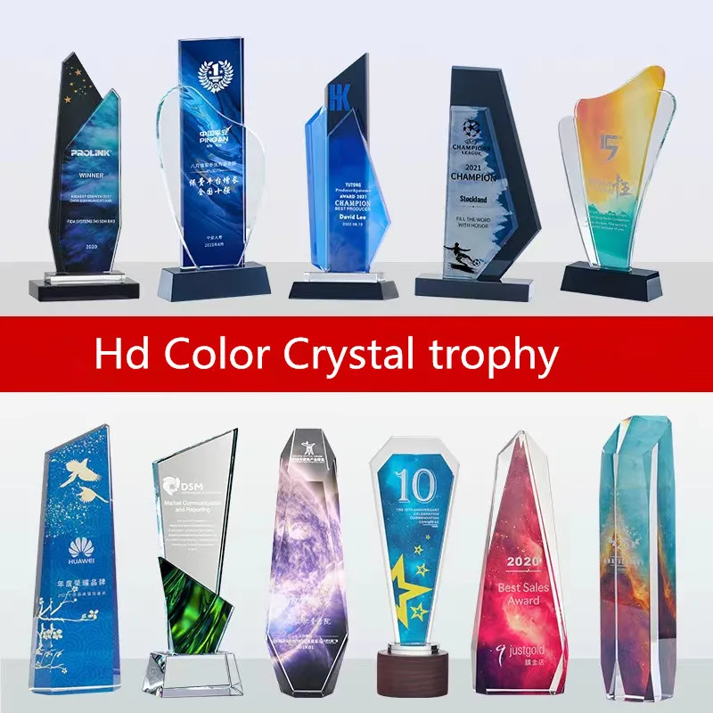 Customized K9 Crystal Trophy Personality metal trophy Crystal medal with wooden base Gift box packing Wooden trophy