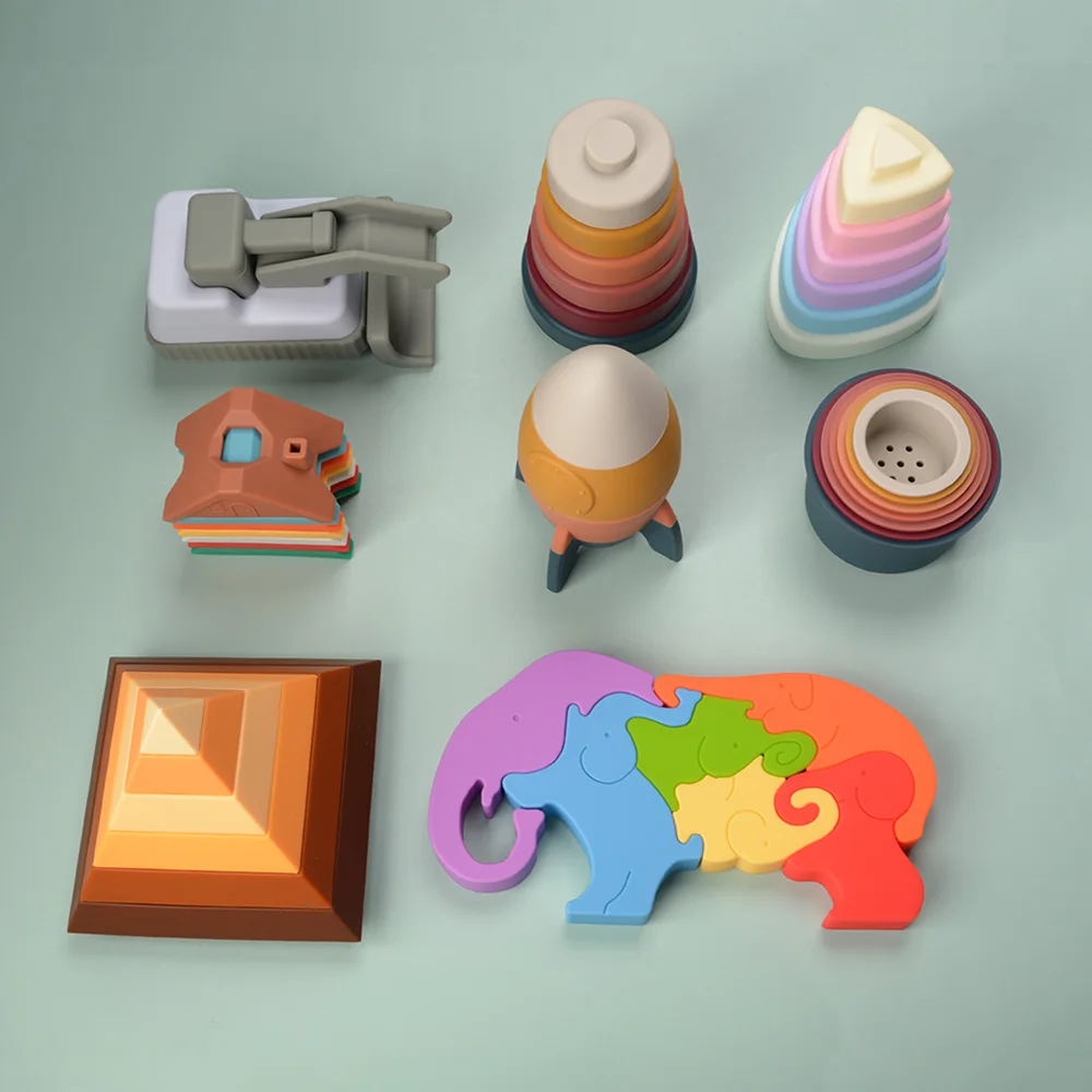 Borjay New Design Wholesale Soft BPA Free Food Grade Silicone Baby Rocket Stacking Building Block Toys For Education