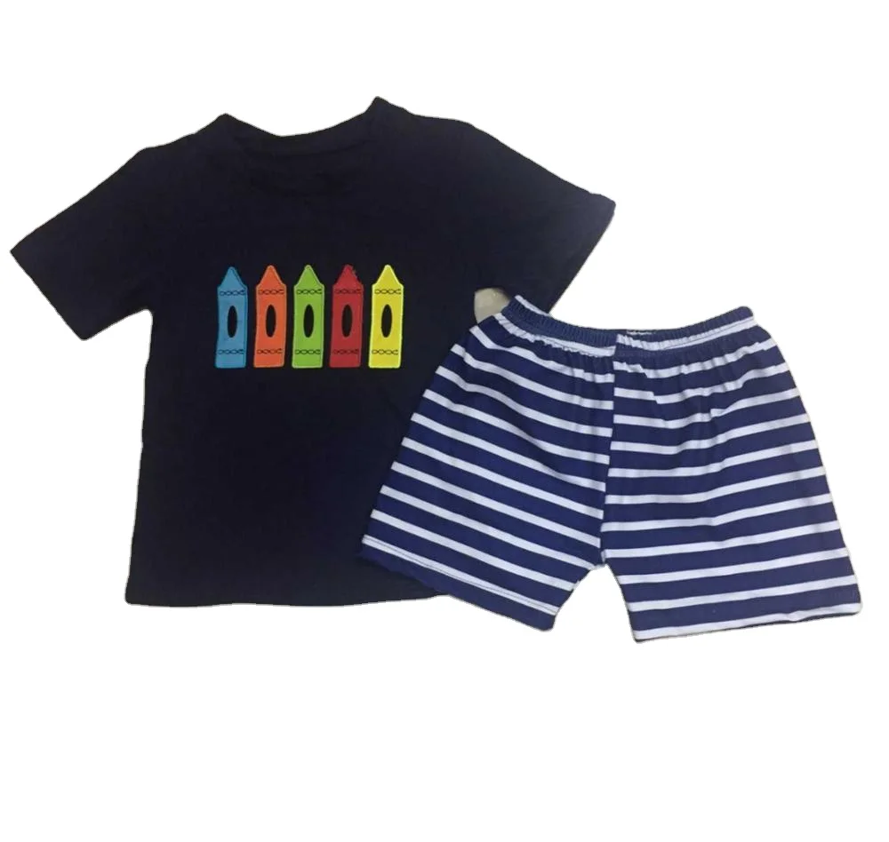 Летняя одежда с принтом назад в школу, 5 цветов, наборы одежды из темно-синей футболки, синяя футболка с короткими брюками в полоску