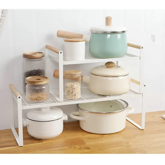 Double Layer Kitchen Spice Rack Metal Dish Rack Storage Rack With Wooden Handle
