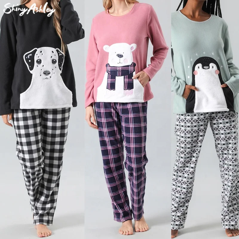 Custom 2023 Fall Winter Cute Animal Women Pyjamas Sets Thick Flannel Long Sleeved Sleepwear Pajamas Set