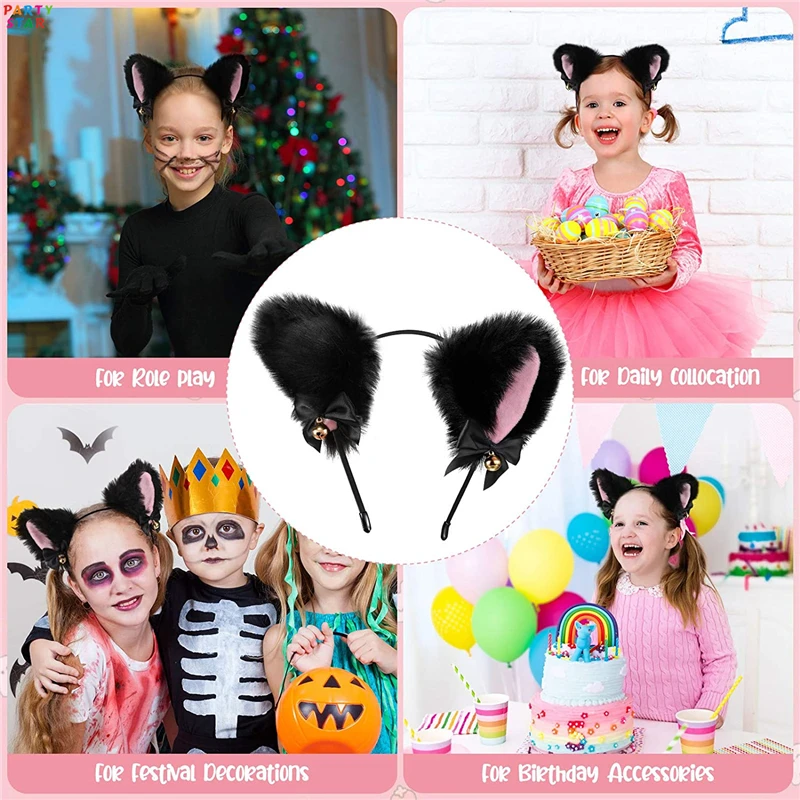 Hot Sale Party Halloween Headband Ribbon Bow Bell Plush Hair Accessories Cute Cat Ears Girl Headdress
