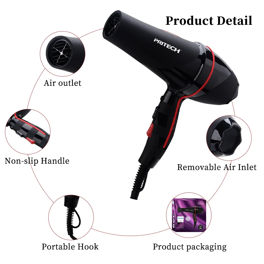 PRITECH Professional Salon Hair Dryer Concentrator W124 Salon Electric Plastic High-quality AC Motor Ionic Function 2200W Black