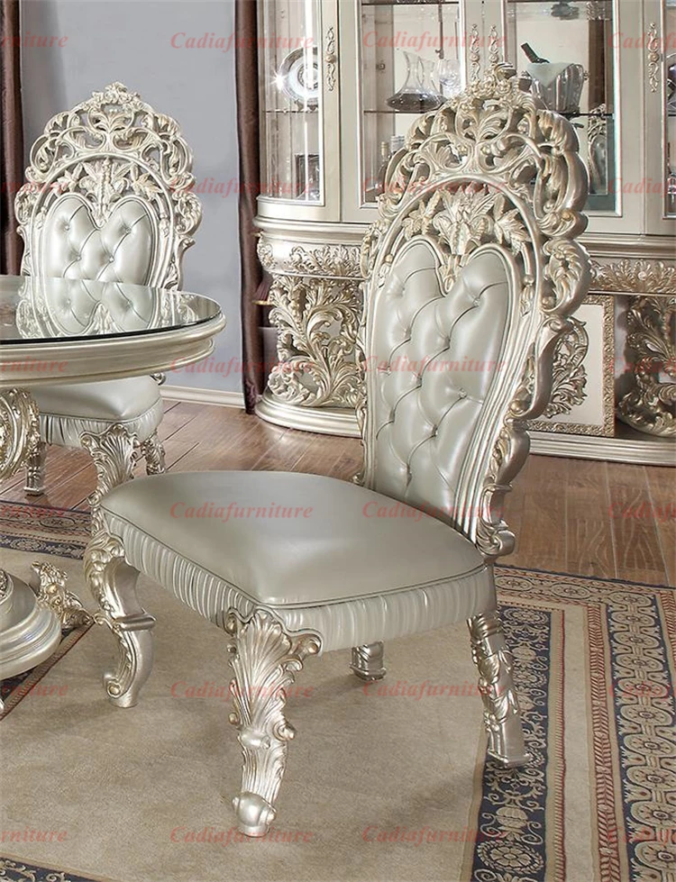 Wooden Design Round Dining Table with 4 Solid Wood Carved Leather Chairs American Luxury Room