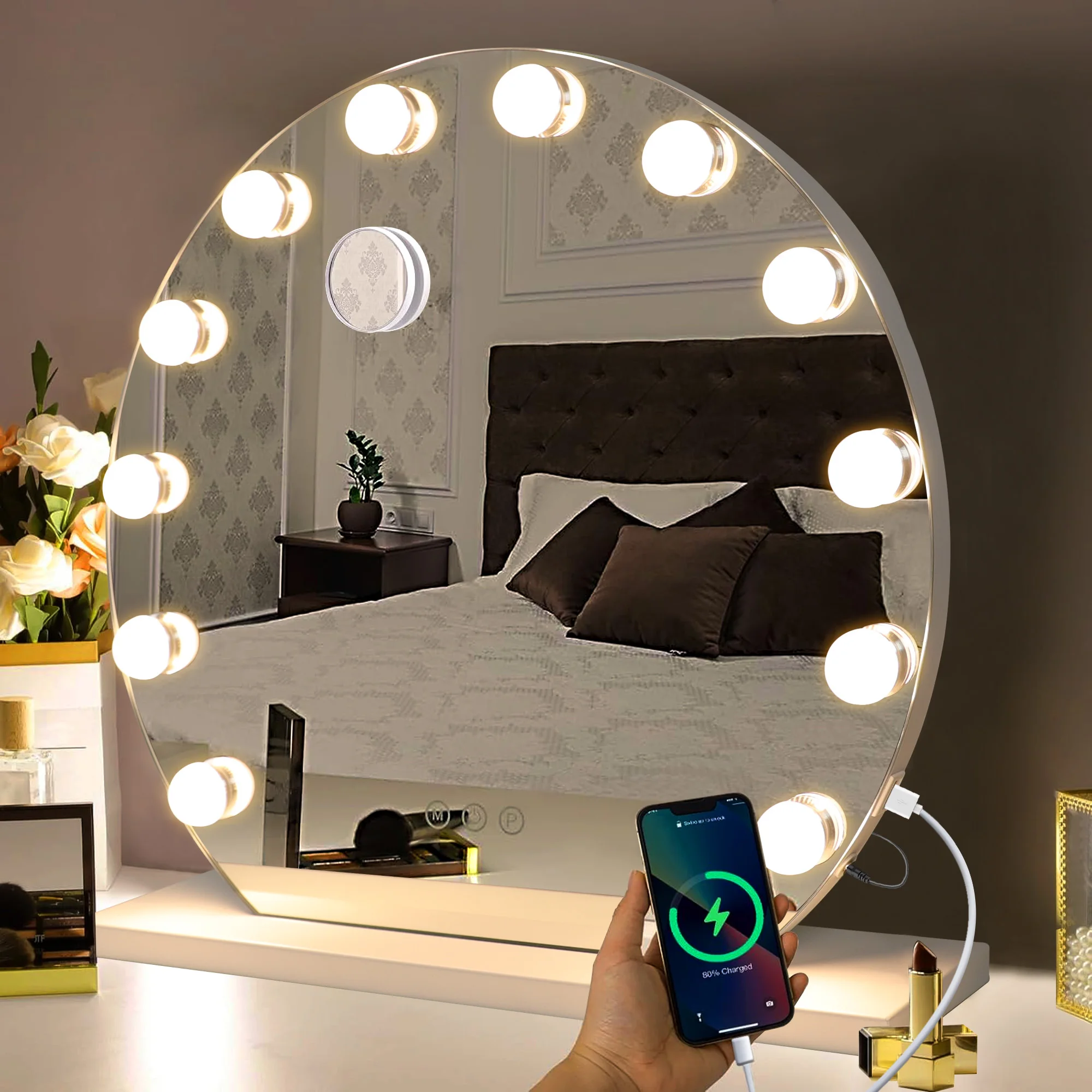 2024 New design 12-Light Smart Rotating Dimmable Glass Dressing Table Vanity Mirror Custom Logo Hollywood LED make up mirror