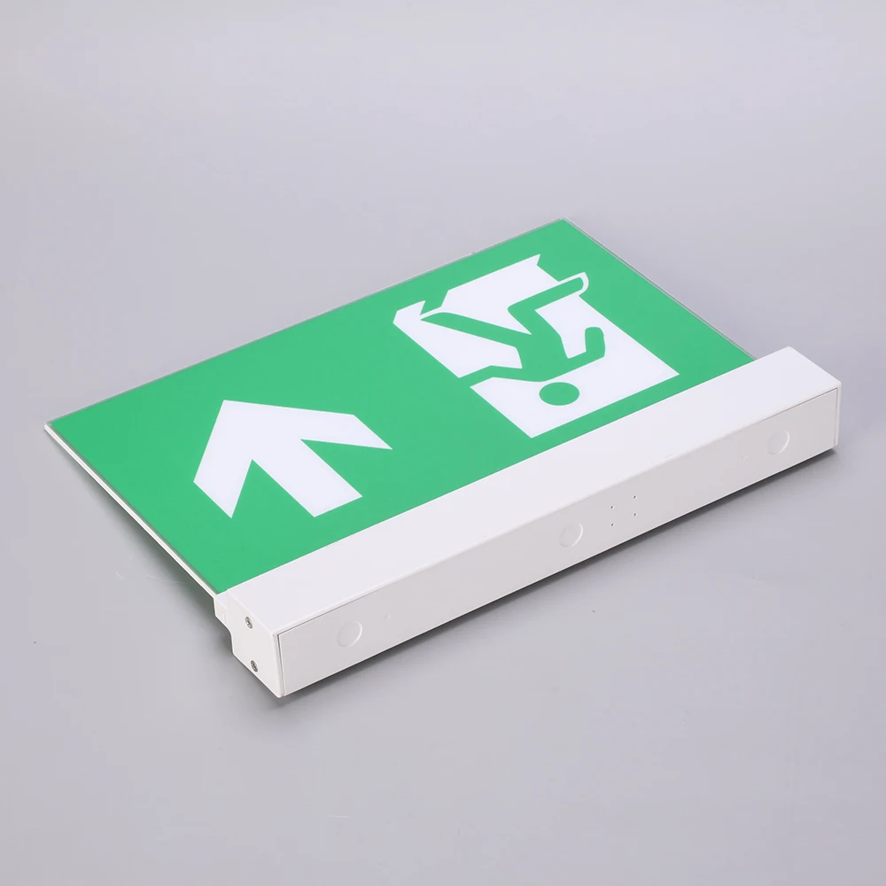 Double-Sided LED Emergency Fire Exit Sign with Wire Suspension Kit for ceiling mounting.