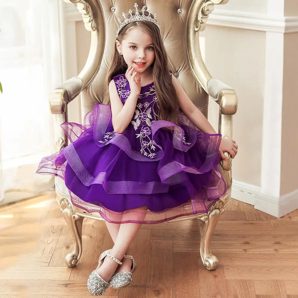 Girls embroidered princess dress bow dress mesh multi-layer pettiskirt